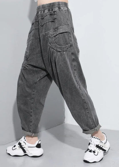Handmade Black Elastic Waist Pockets Jean Pants Spring
