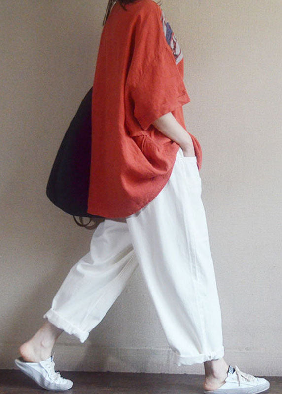 Red V Neck Loose Pockets Fall Shirt Tops Half Sleeve