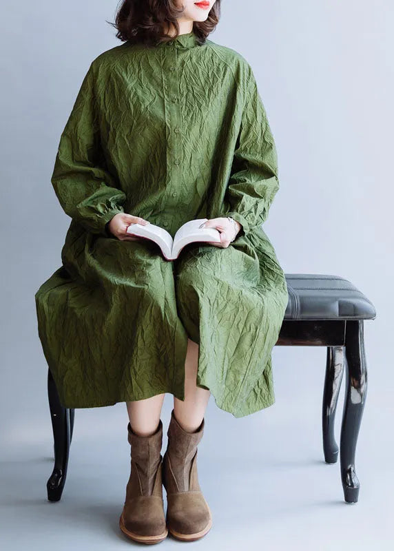 Green Wrinkled Button Cotton Long Dress Spring
