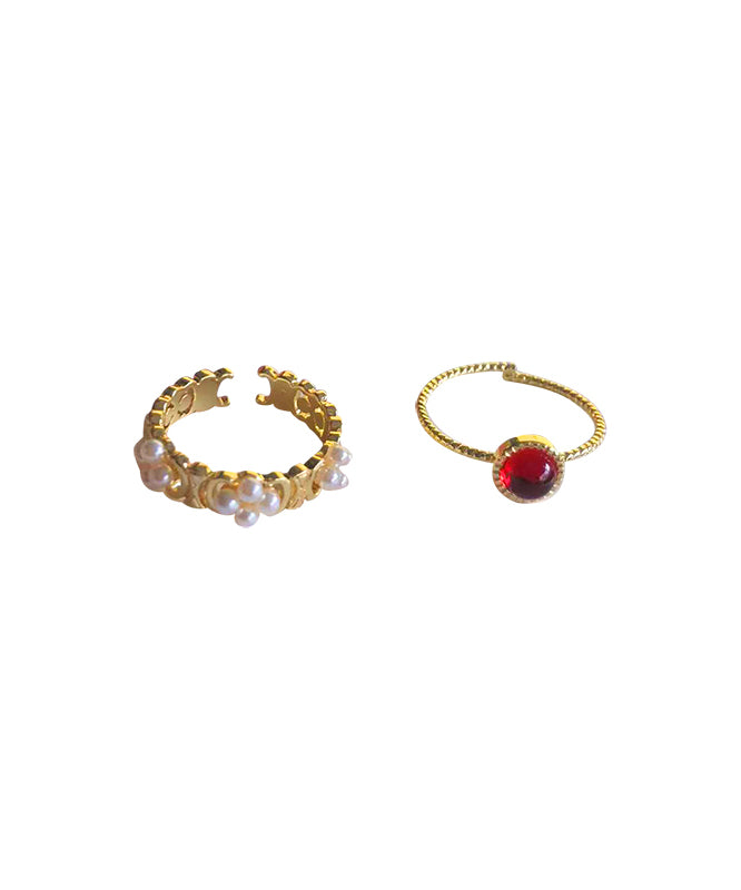 Diy Gold Copper Pearl Gem Stone Two Piece Set Rings