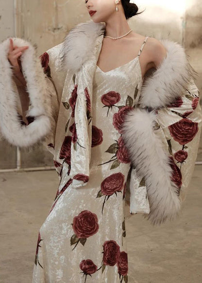 Autumn New Rose Print Fur Collar Silk Dress Two Piece Set