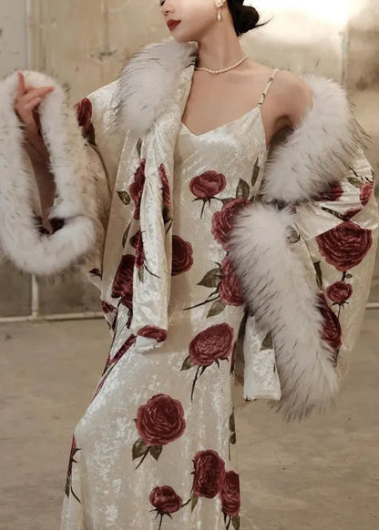 Autumn New Rose Print Fur Collar Silk Dress Two Piece Set