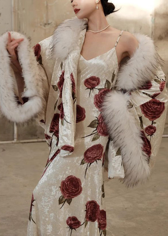Autumn New Rose Print Fur Collar Silk Dress Two Piece Set