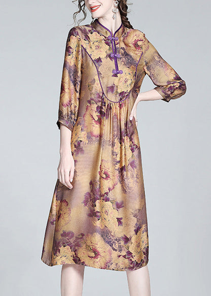 Purple Stand Collar Print Button Long Dress Spring