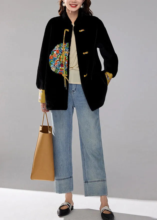 Black Embroidered Tasseled Faux Mink Velvet Coats Winter