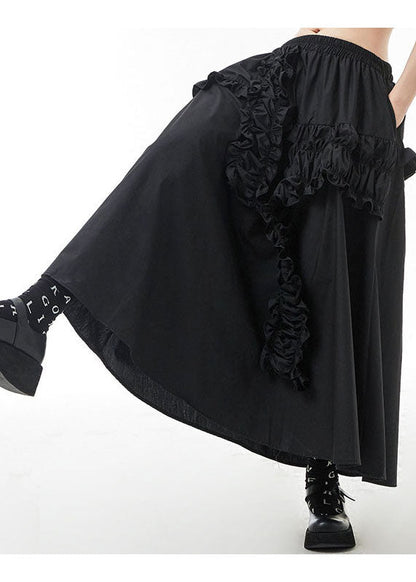 Black Elastic Waist Ruffled a Line Skirts Spring