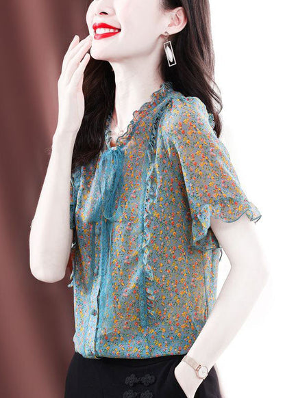 Green Ruffled Print Chiffon Blouses Summer