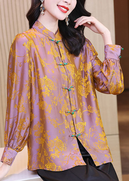 Diy Orange Stand Collar Jacquard Oriental Button Silk Shirt Tops Long Sleeve