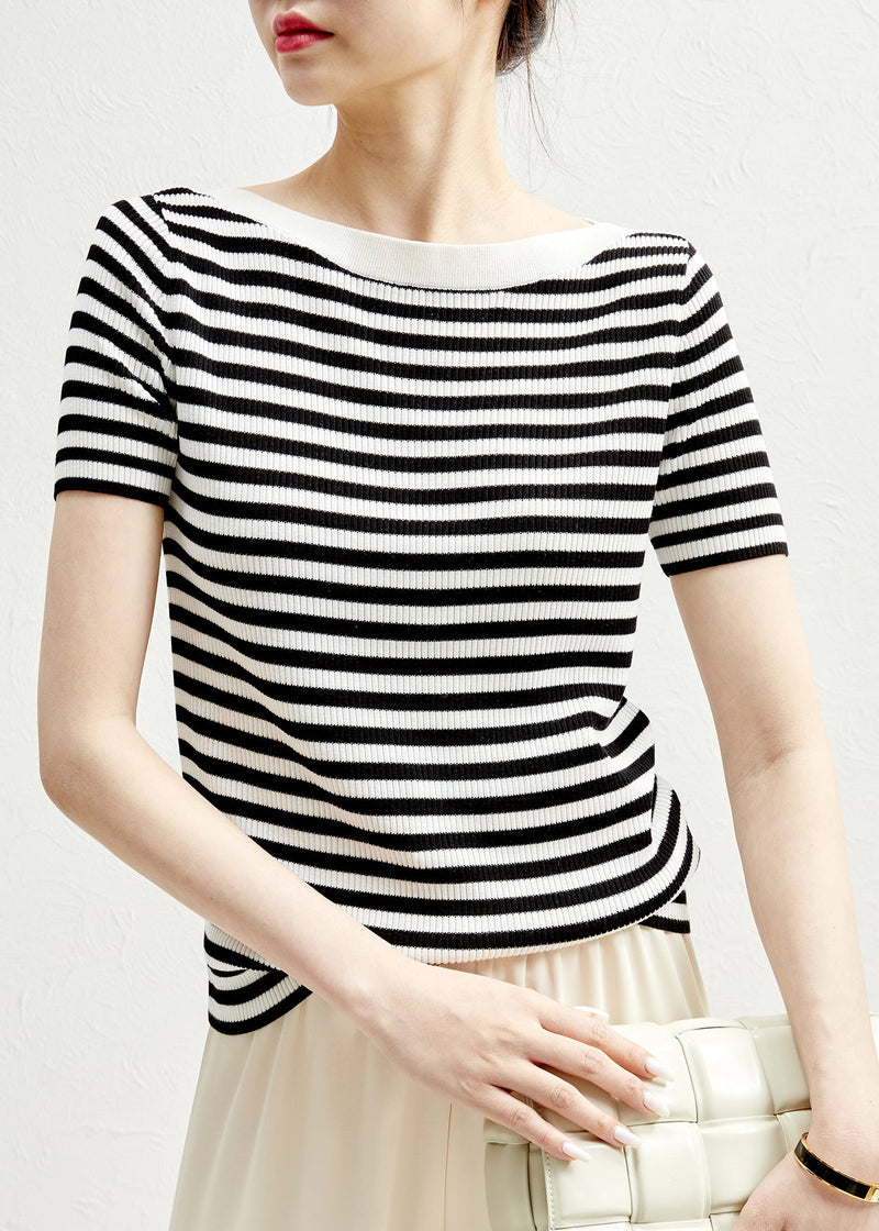 Black Striped O-neck Silk Knit T Shirts Sleeve
