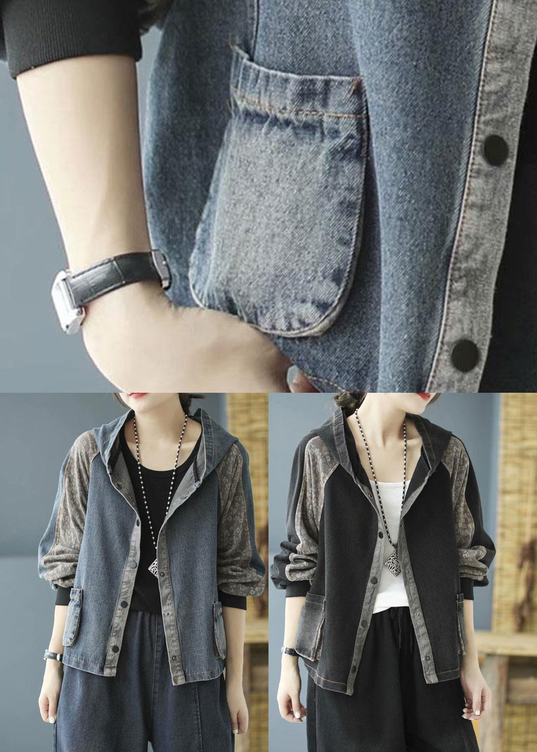 Black Print Button Hooded Denim Coat Long Sleeve Spring