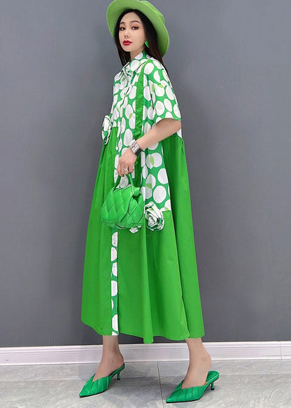 Green Asymmetrical Design Dot Print Cotton Shirt Dresses Short Sleeve