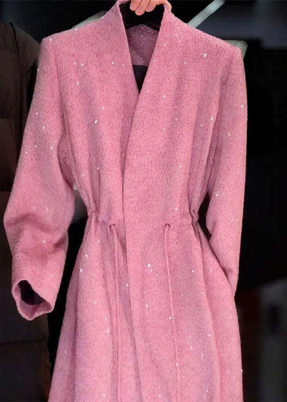 Pink V Neck Sequins Drawstring Coat Fall