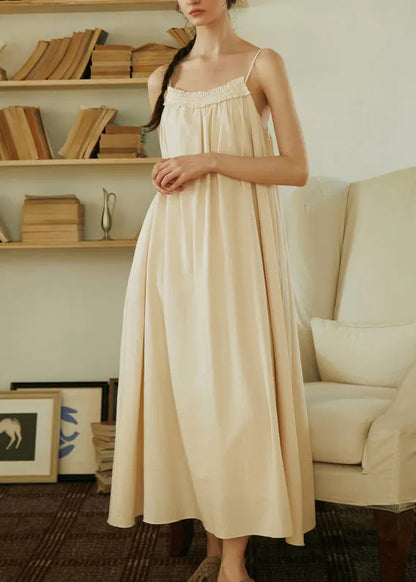 French Apricot Ruffled Cotton Spaghetti Strap Dress Summer