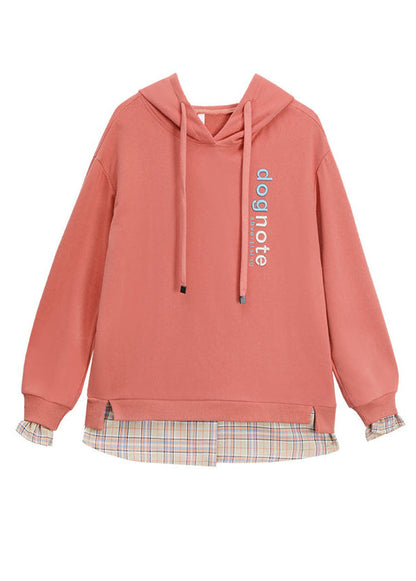 Red Patchwork Fake Two Pieces Hooded Cotton Sweatshirt Long Sleeve