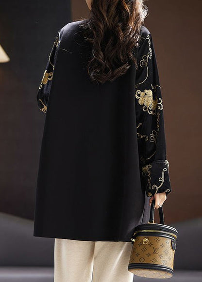 New Black O-neck Embroideried Silk Velour Patchwork Top Long Sleeve