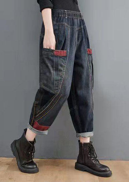 Navy Elastic Waist Pockets Patchwork Cotton Denim Pants Fall