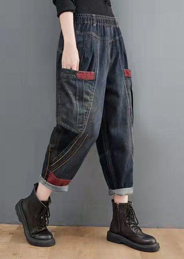 Navy Elastic Waist Pockets Patchwork Cotton Denim Pants Fall