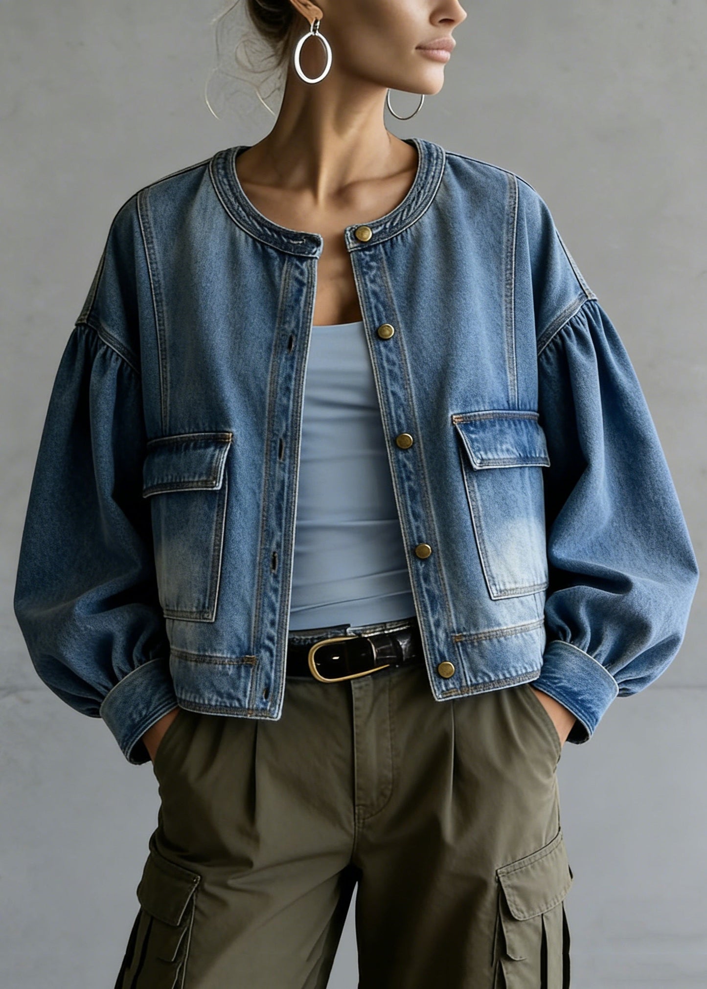 Blue O Neck Pockets Patchwork Denim Coat Spring