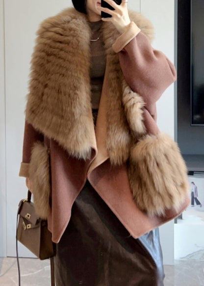 Camel Fur Collar Patchwork Long Woolen Coats Winter