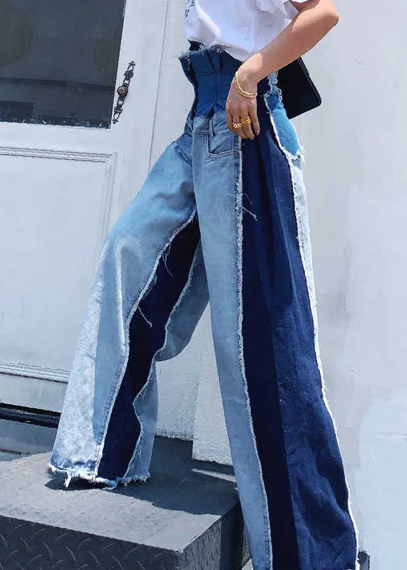 Modern Blue Pockets High Waist Patchwork Denim Pants Spring