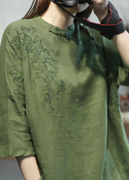 Green Stand Collar Embroideried Linen Tops Half Sleeve