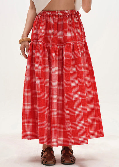 New Red Plaid Lace Up Elastic Waist Cotton Skirts Summer