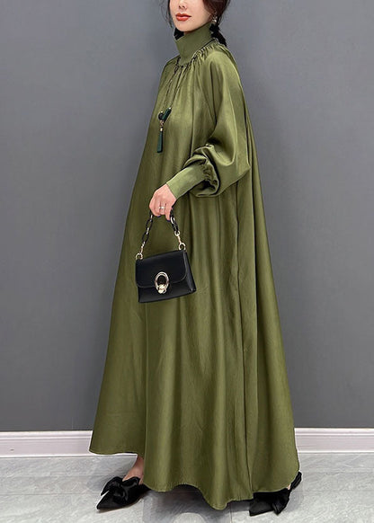 Green Loose Silk a Line Dresses High Neck Draping Spring