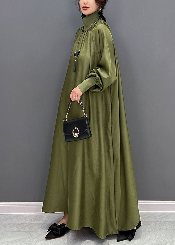 Green Loose Silk a Line Dresses High Neck Draping Spring