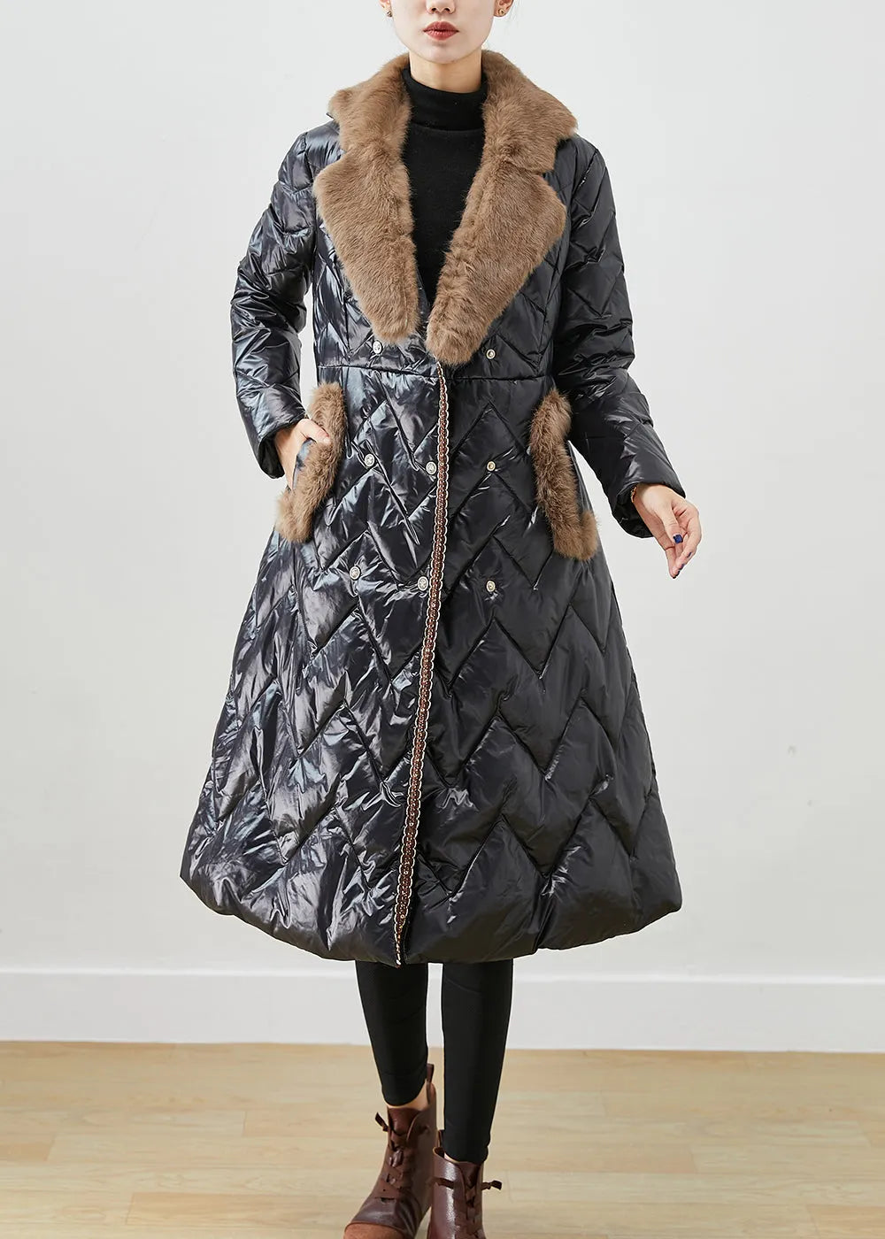 Black Fur Collar Patchwork Duck Down Puffers Jackets Winter
