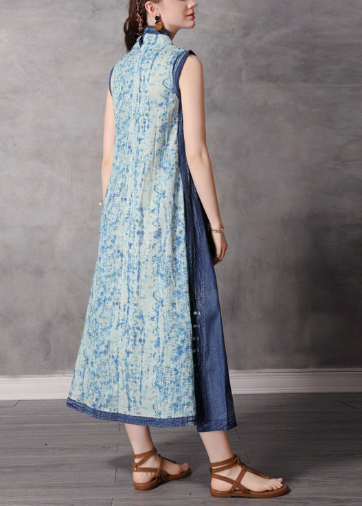 Blue Stand Collar Button Patchwork Long Denim Dress Sleeveless