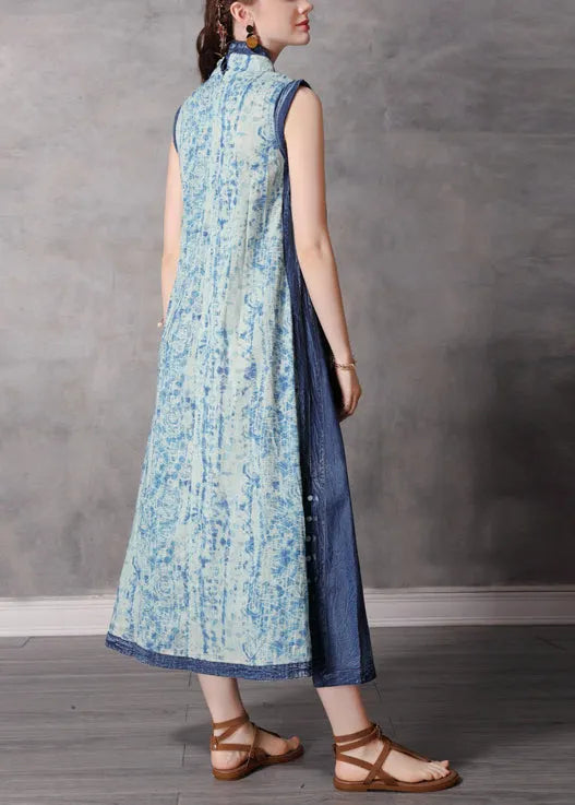 Blue Stand Collar Button Patchwork Long Denim Dress Sleeveless
