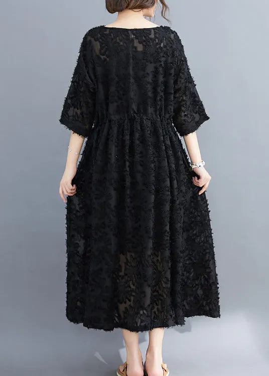 Black V Neck Embroideried Dress Two Pieces Set Half Sleeve