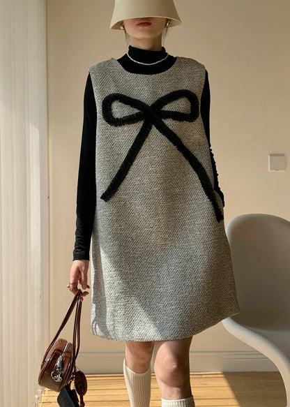 Light Grey Zippered Pockets Cotton Two-piece Set Bow Winter
