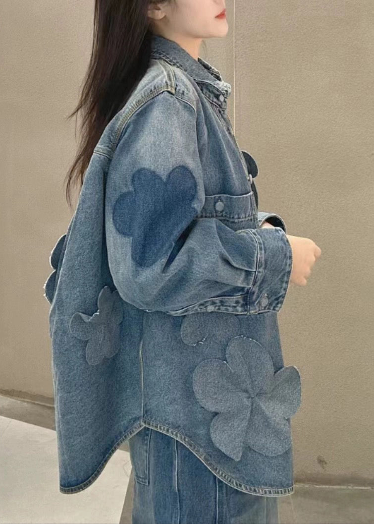 Blue Button Pockets Denim Coats Long Sleeve