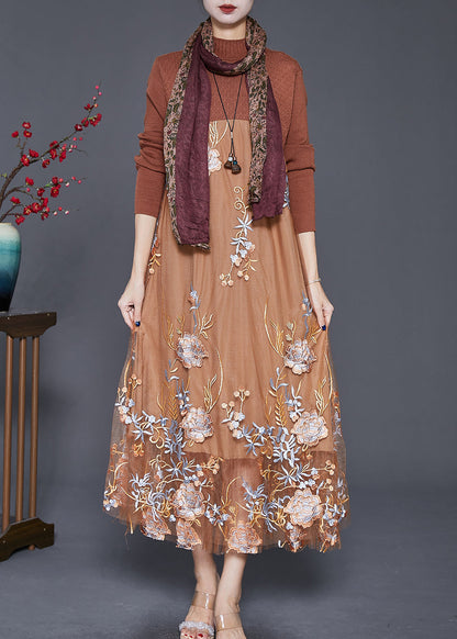 Fine Khaki Embroideried Patchwork Knit Dress Fall