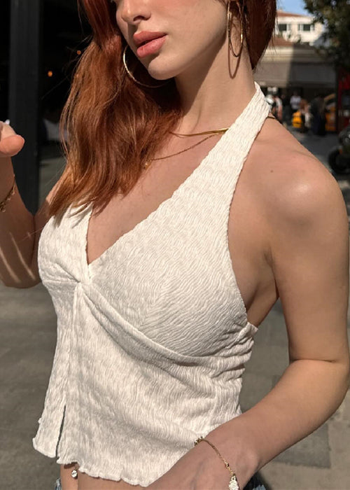 White V Neck Backless Cotton Tank Sleeveless