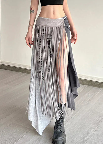 Grey Asymmetrical Graphic Wrinkled Tassel Maxi Skirts Summer