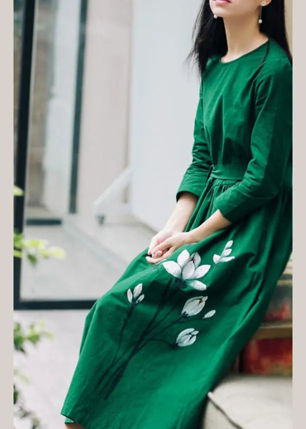 Natural Green O-neck Cinched Sashes Print Linen Dress Three Quarter Sleeve