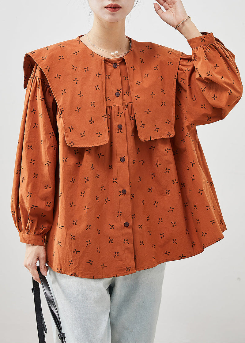 Orange Oversized Print Cotton Tops Fall