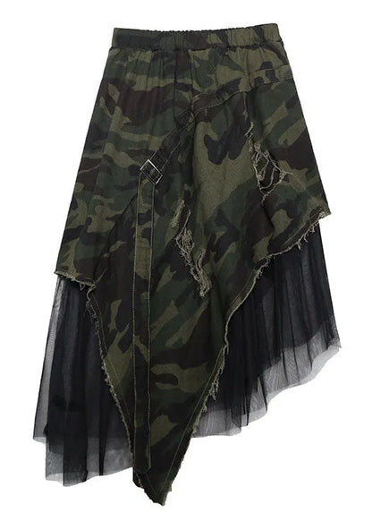 Italian Camouflage High Waist Denim Patchwork Tulle Asymmetrical Design Fall Skirts