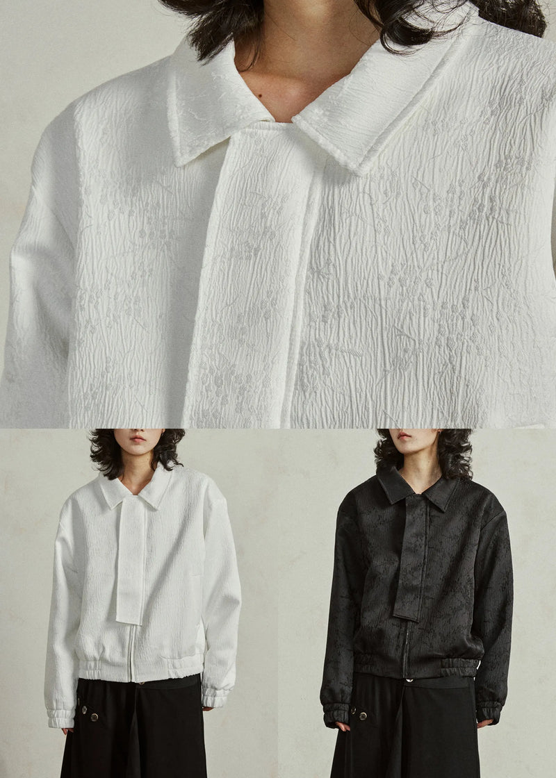 White Jacquard Pockets Silk Fall Coat Peter Pan Collar