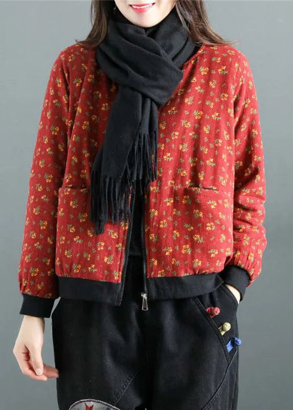 Red Print Zip Up Pockets Patchwork Fine Cotton Filled Witner Coats