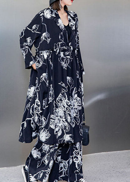 Stylish Black V Neck Cinched Print Silk Tops Wide Leg Pants Two Pieces Set Spring