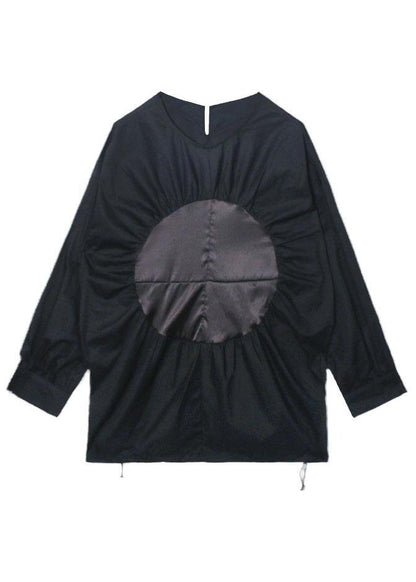 Boutique Black O-neck Patchwork Button Fall Long Sleeve Blouse Top
