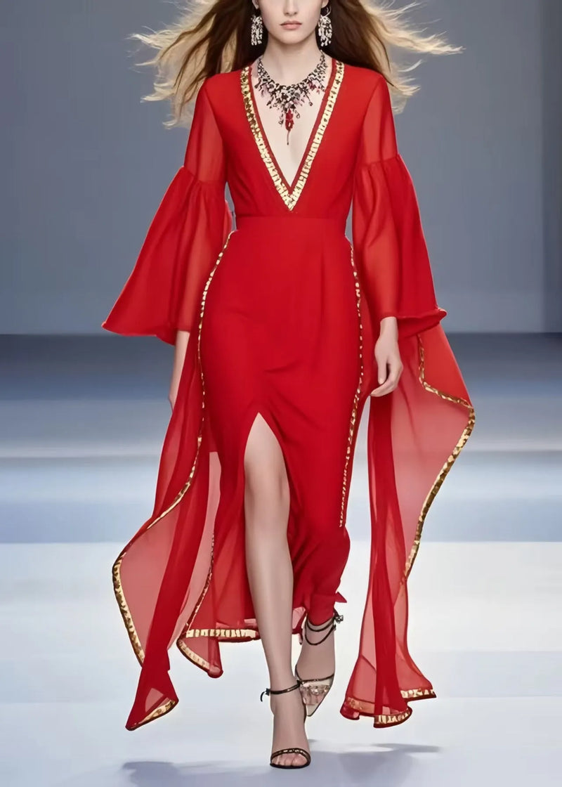 Handmade Red Asymmetrical Side Open Chiffon Holiday Dress Flare Sleeve