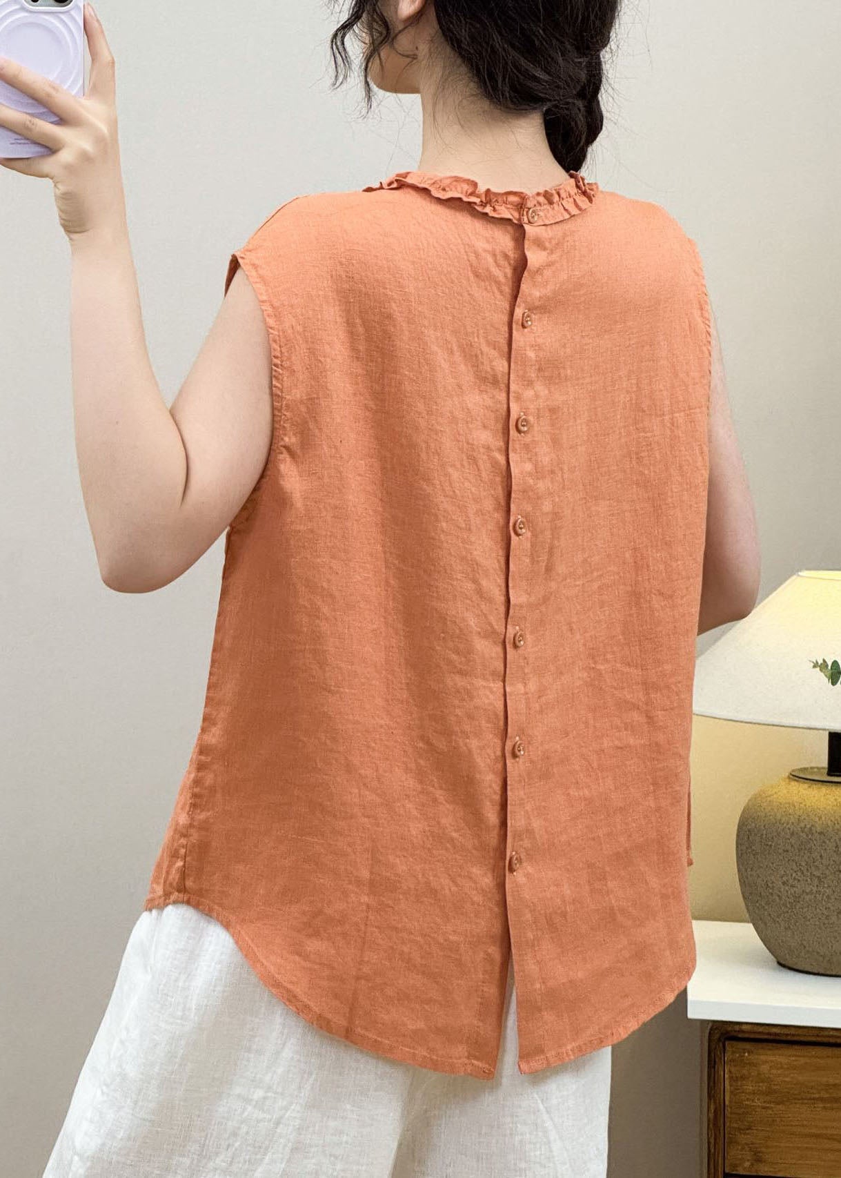 Orange Ruffled Linen Shirt Top Sleeveless
