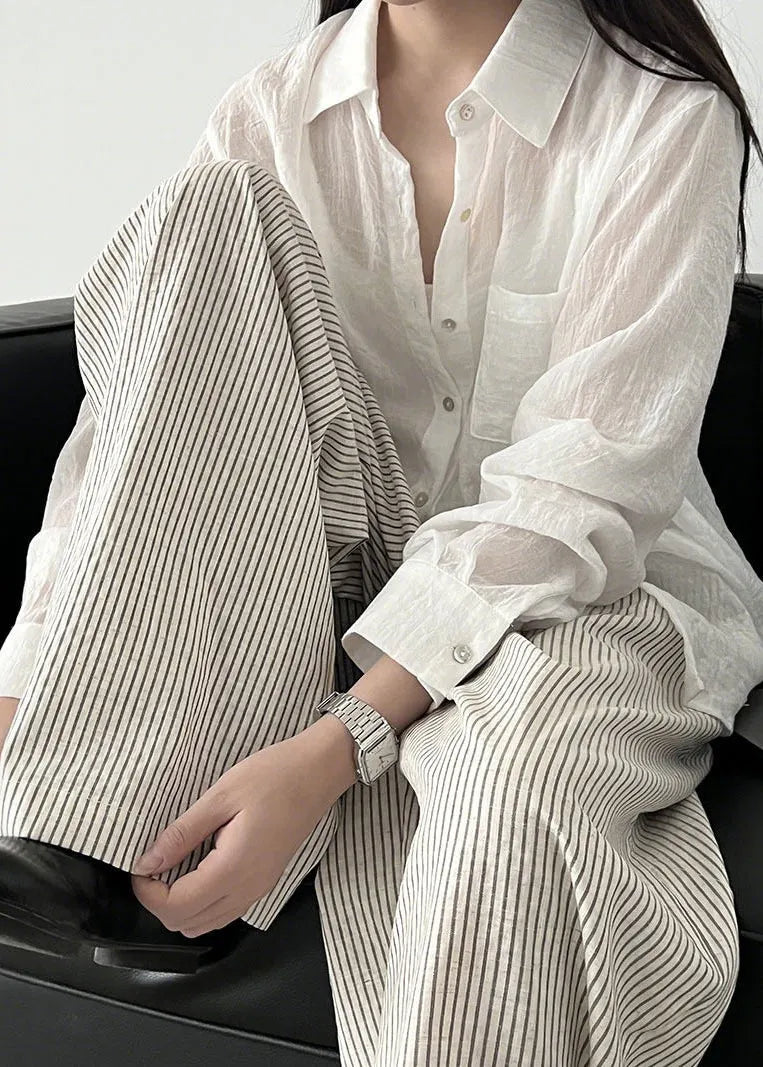 White Striped Cotton Wide Leg Pants Trousers Oversized Spring