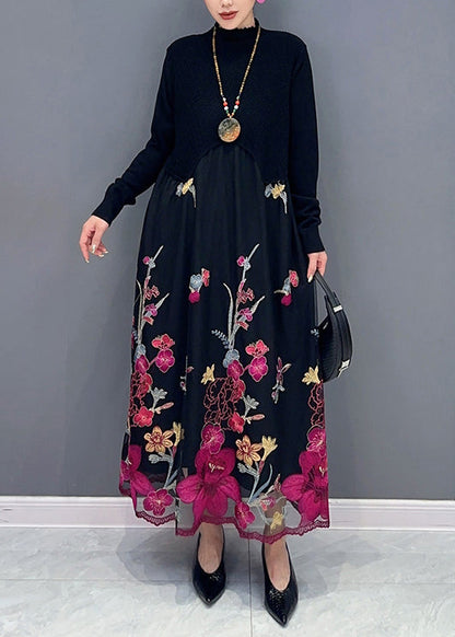 Rose Turtleneck Embroideried Tulle Patchwork Dress Fall