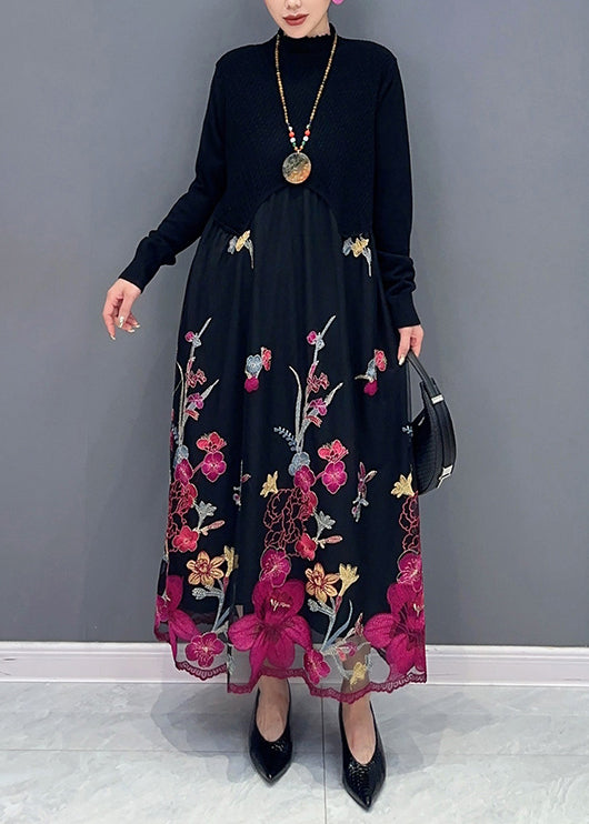 Rose Turtleneck Embroideried Tulle Patchwork Dress Fall