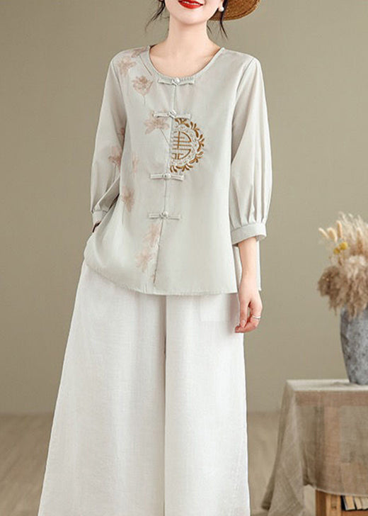 Chinese Style O-neck Embroidered Oriental Button Cotton Shirts Fall